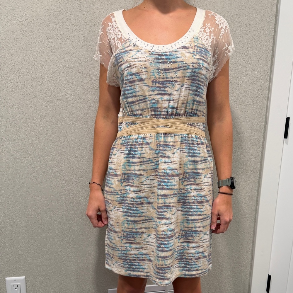 Free People Cream Dress with Blue & Tan Print